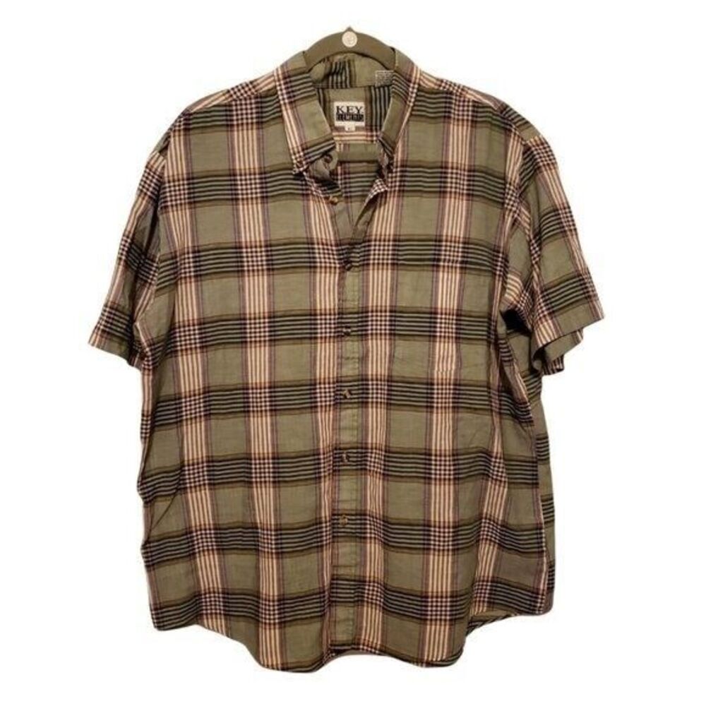 Key Elements Mens Sz XL Green Blue Plaid Short Sleeve Button Down Shirt